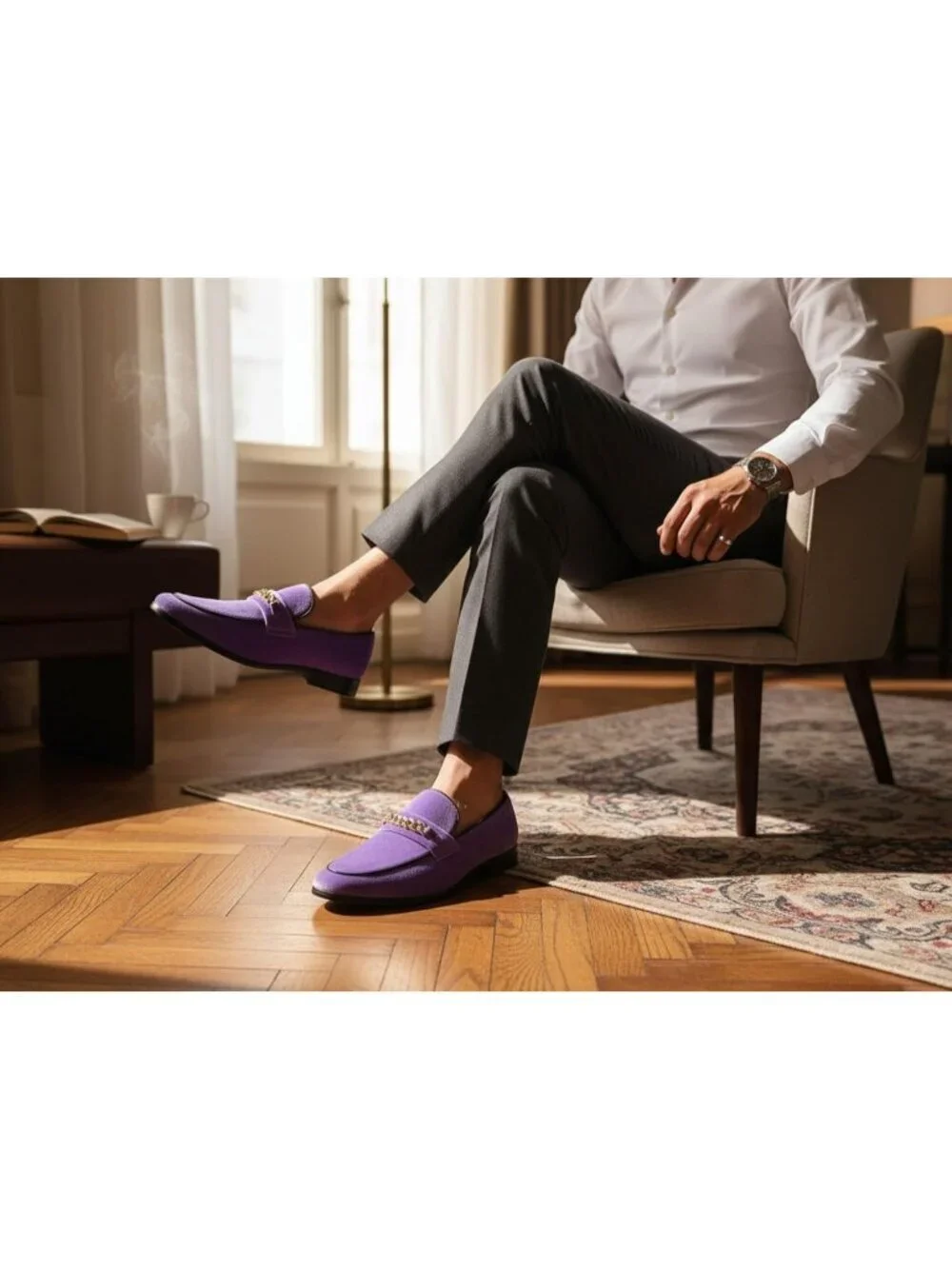 Metrocharm Men's Lavender Vintage Velvet Loafers Gold Chain Buckle Slip On Shoes
